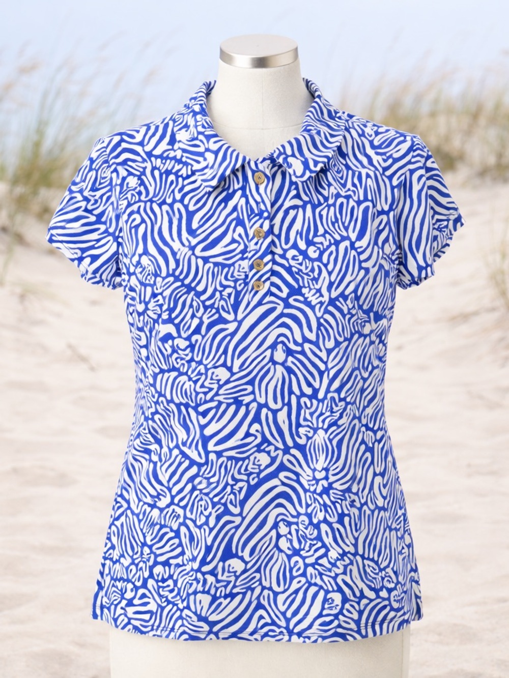 Lilly Pulitzer Luxletic Frida Scallop Polo Top Blue White Print UPF 50+ Sz L